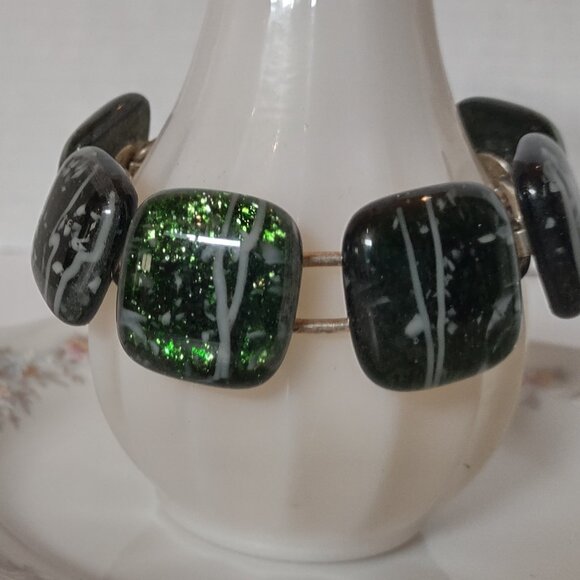 Rare VINTAGE ARTISAN Green GLASS BEADS SILVER BRACELET Stunning Chunky! - Picture 5 of 6